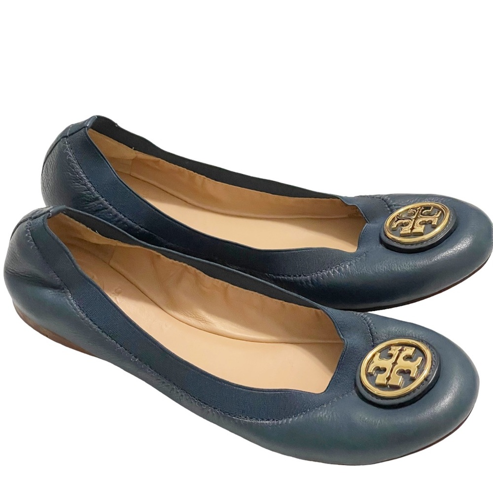 Tory Burch Navy Leather Logo Ballet Flats with Gold Emblem